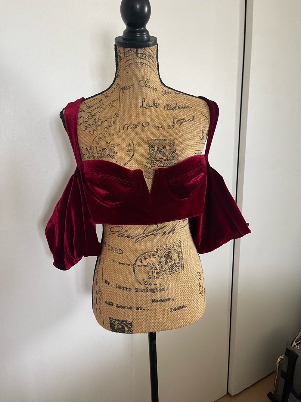 House of CB Wine Red Velvet Puff-Sleeve Bustier Crop Top